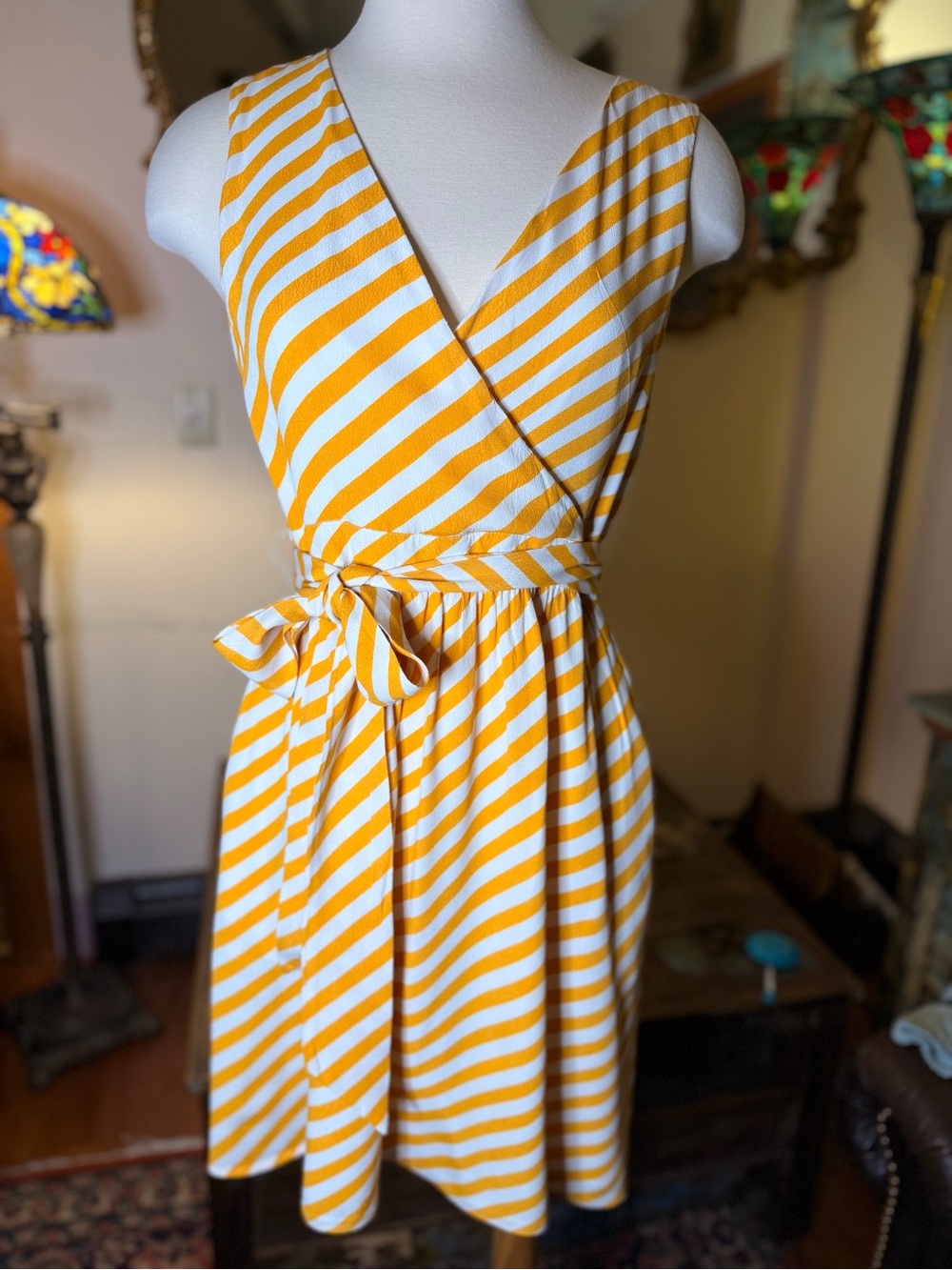 Sleeveless Yellow Stripe Wrap Dress